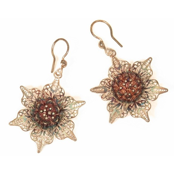 Vintage Filigree Victorian Revival Flowers Sterling Silver 1044 VI Drop Earrings